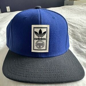 Adidas original baseball hat, blue with black,white & black letters sticker logo